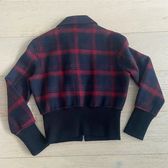 MAJE Bloppane Plaid Wool Blend Bomber Jacket FR38 US6 Red Navy Parisian Chic - Picture 9 of 11